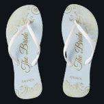 Gold Lace on Powder Blue The Bride Elegant Wedding Flip Flops<br><div class="desc">Dance the night away with these beautiful wedding flip flops. Designed for the bride, they feature a simple yet elegant design with gold coloured script lettering on a light powder blue background and fancy golden lace curls and swirls. Beautiful way to stay fancy and appropriate while giving your feet a...</div>