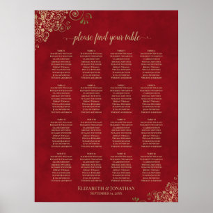 Gold Lace on Red 16 Table Wedding Seating Chart