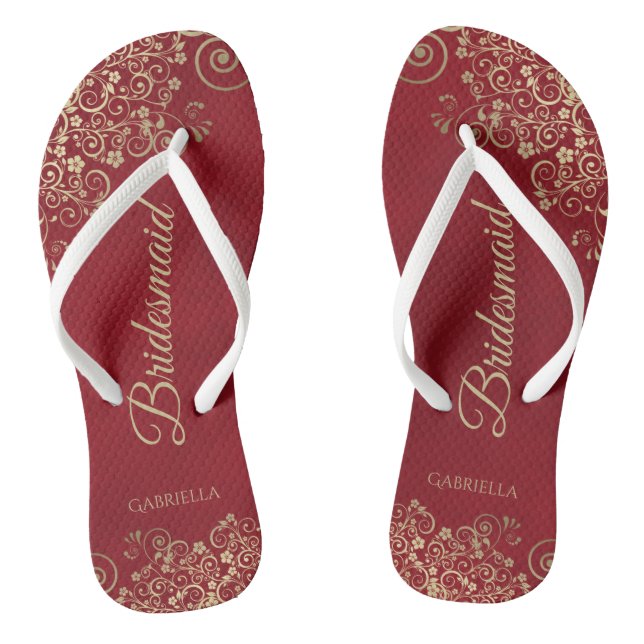 Gold Lace on Red Elegant Bridesmaid Wedding Flip Flops (Footbed)