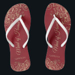 Gold Lace on Red Elegant Maid of Honour Wedding Flip Flops<br><div class="desc">These beautiful wedding flip flops are a great way to thank and recognise your Maid of Honour while saving her feet at the same time. Features an elegant design with golden lace frills on a crimson red background and fancy gold coloured script lettering. The test reads Maid of Honour with...</div>