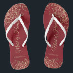 Gold Lace on Red Elegant Maid of Honour Wedding Flip Flops<br><div class="desc">These beautiful wedding flip flops are a great way to thank and recognise your Maid of Honour while saving her feet at the same time. Features an elegant design with golden lace frills on a crimson red background and fancy gold coloured script lettering. The test reads Maid of Honour with...</div>