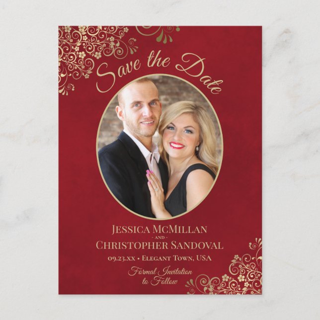 Gold Lace on Red Wedding Save the Date Oval Photo Announcement Postcard (Front)