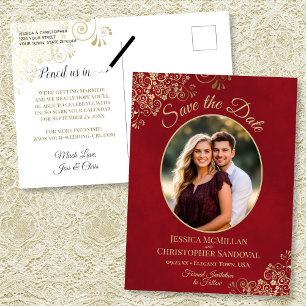 Gold Lace on Red Wedding Save the Date Oval Photo Announcement Postcard