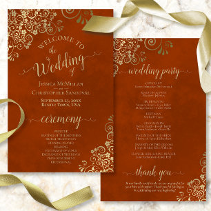 Gold Lace on Rust Orange Budget Wedding Program