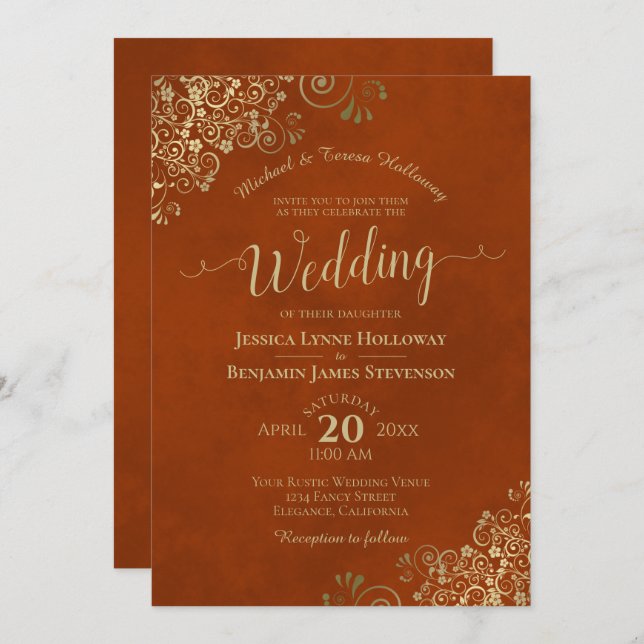 Gold Lace on Rust Orange Elegant Formal Wedding Invitation (Front/Back)