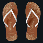 Gold Lace on Rust Orange Maid of Honour Wedding Flip Flops<br><div class="desc">These beautiful wedding flip flops are a great way to thank and recognise your Maid of Honour while saving her feet at the same time. Features an elegant design with golden lace frills on a rust orange or burnt umber coloured background and fancy gold coloured script lettering. The test reads...</div>