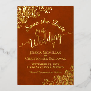Gold Lace on Rust Orange Wedding Save the Date