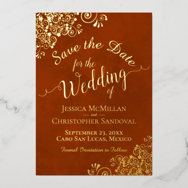 Gold Lace on Rust Orange Wedding Save the Date (Front)