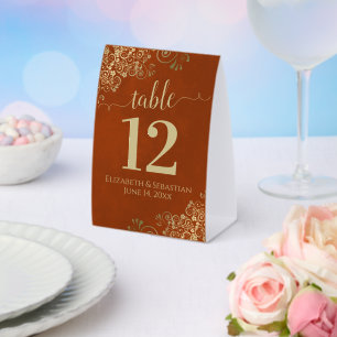 Gold Lace on Rust Orange Wedding Table Number