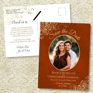 Gold Lace on Rust Wedding Save the Date Oval Photo Announcement Postcard