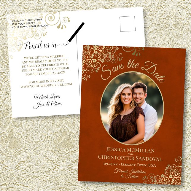 Gold Lace on Rust Wedding Save the Date Oval Photo Announcement Postcard (Front/Back)