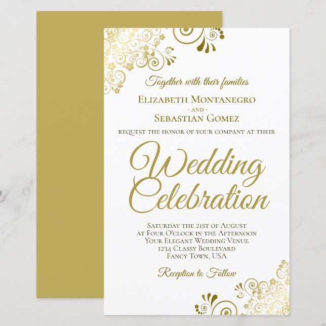 Gold Lace on White BUDGET Wedding Invitation Large (Front/Back)