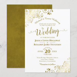 Gold Lace on White Elegant Formal Wedding Invitation