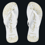 Gold Lace on White Elegant Maid of Honour Wedding Flip Flops<br><div class="desc">These beautiful wedding flip flops are a great way to thank and recognise your Maid of Honour while saving her feet at the same time. Features an elegant design with golden lace frills on a white background and fancy gold coloured script lettering. The test reads Maid of Honour with her...</div>