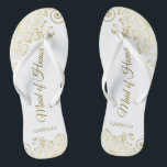 Gold Lace on White Elegant Maid of Honour Wedding Flip Flops<br><div class="desc">These beautiful wedding flip flops are a great way to thank and recognise your Maid of Honour while saving her feet at the same time. Features an elegant design with golden lace frills on a white background and fancy gold coloured script lettering. The test reads Maid of Honour with her...</div>