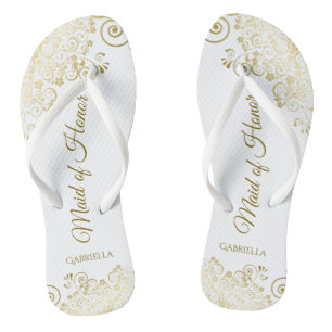 Gold Lace on White Elegant Maid of Honour Wedding Flip Flops