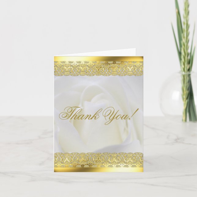 Gold Lace on White Rose Wedding Thank You Card (Front)