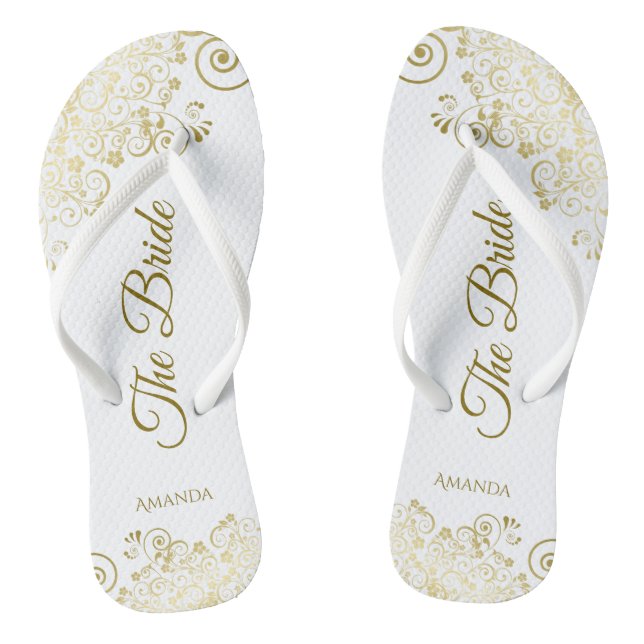 Gold Lace on White The Bride Elegant Wedding Flip Flops (Footbed)
