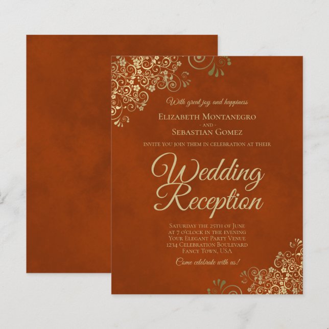 Gold Lace Orange Wedding Reception BUDGET Invite (Front/Back)