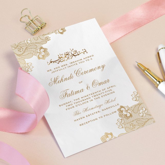 Gold Lace Ornate Islamic Muslim Mehndi Ceremony Invitation (Creator Uploaded)