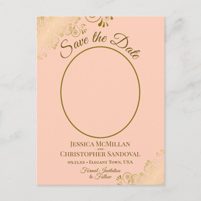 Gold Lace & Peach Wedding Save the Date Oval Photo Announcement Postcard (Front)