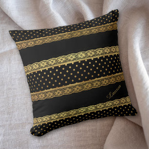 Gold Lace Polka Dot Black Cushion