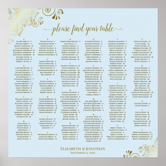 Gold Lace Powder Blue Alphabetical Seating Chart (Front)