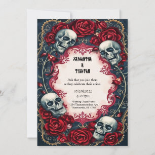 Gold Lace Roses Skulls Gothic Wedding Invitation