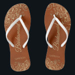Gold Lace & Rust Orange Elegant Bridesmaid Wedding Flip Flops<br><div class="desc">These elegant wedding flip flops are a great way to thank and recognise your bridesmaids, while giving their feet a rest after a long day. The beautiful design features an elegant design with golden lace frills on a rust orange coloured background and fancy gold coloured script lettering. The text reads...</div>