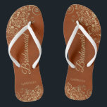 Gold Lace & Rust Orange Elegant Bridesmaid Wedding Flip Flops<br><div class="desc">These elegant wedding flip flops are a great way to thank and recognise your bridesmaids, while giving their feet a rest after a long day. The beautiful design features an elegant design with golden lace frills on a rust orange coloured background and fancy gold coloured script lettering. The text reads...</div>