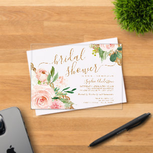 Gold Lace Script Blush Floral Bridal Shower Acrylic Invitations