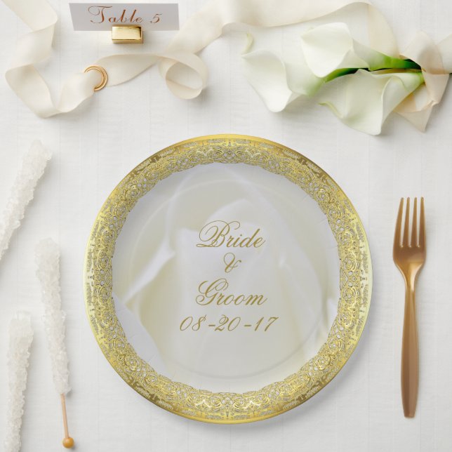 Gold Lace White Abstract Rose Wedding Paper Plate (Wedding)