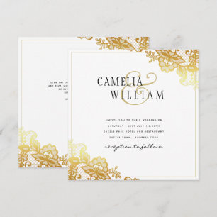 Gold Lace White Wedding Invitation Classic Elegant
