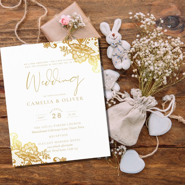 Gold Lace White Wedding Invitation Elegant Classic (Creator Uploaded)