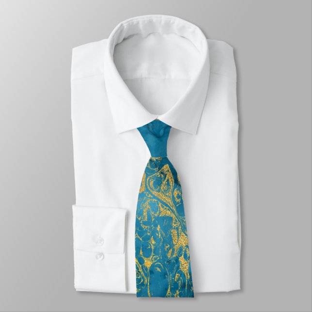 Gold Laced Marble Blue Abstract Neck Tie (Tied)