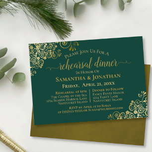 Gold Lacy Emerald Green Wedding Rehearsal & Dinner Invitation