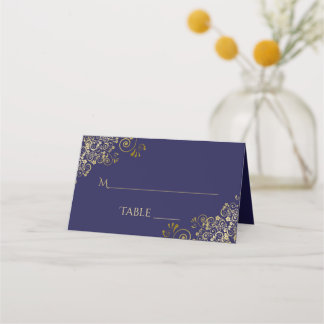 Gold Lacy Filigree on Navy Blue Wedding Write-In Place Card