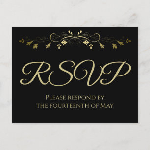 Gold Lacy Flourish on Black Elegant Wedding RSVP Postcard