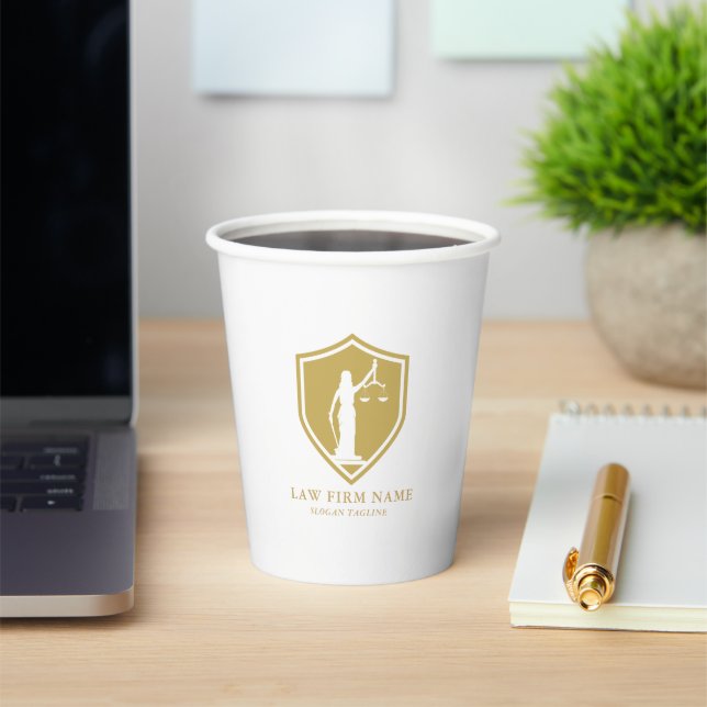 Gold Lady Justice Logo Custom text Paper Cups (Insitu)