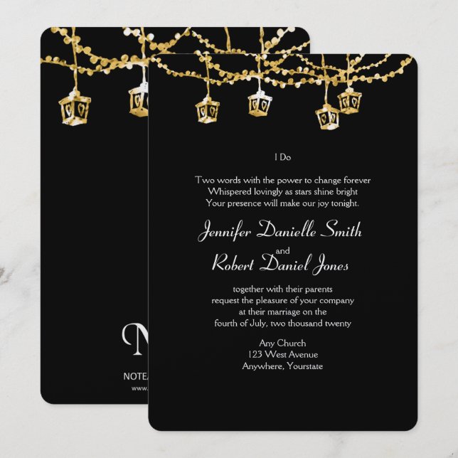 Gold Lantern Lights on Black Wedding Invitation (Front/Back)