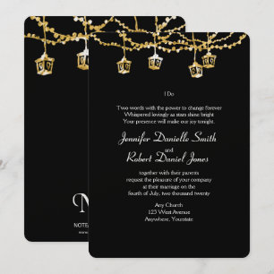Gold Lantern Lights on Black Wedding Invitation