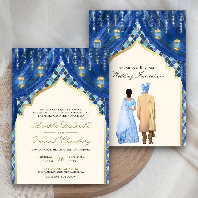 Gold Lanterns Blue Indian Couple Wedding Invitation (Creator Uploaded)