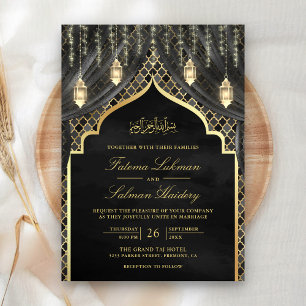 Gold Lanterns Dark Grey Curtain Muslim Wedding Invitation