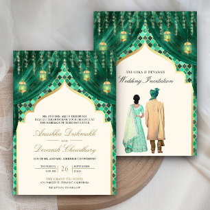 Gold Lanterns Emerald Green Indian Couple Wedding Invitation