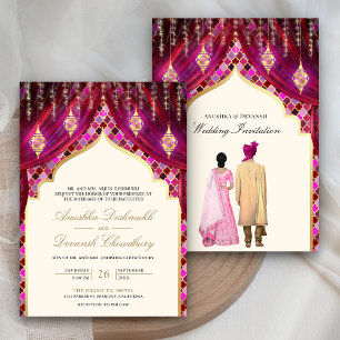 Gold Lanterns Magenta Pink Indian Couple Wedding Invitation