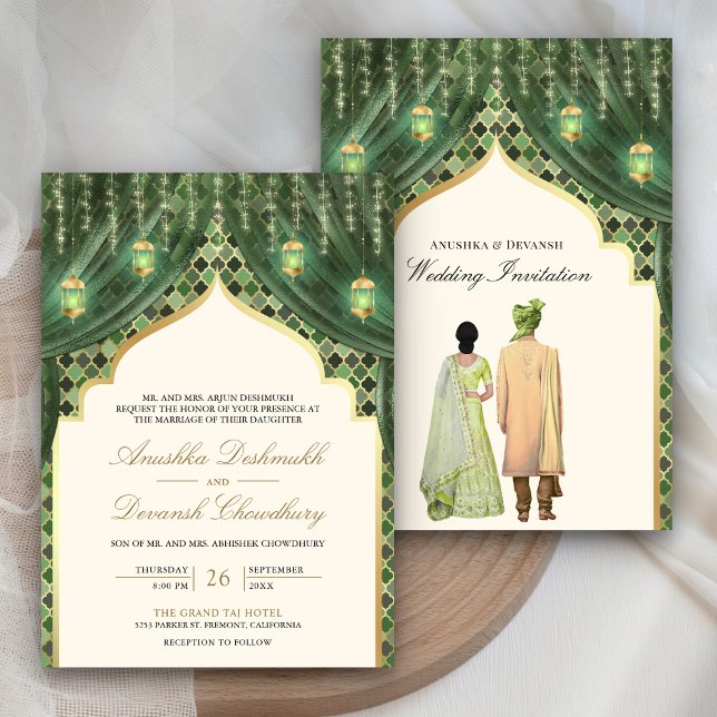 Gold Lanterns Sage Green Indian Couple Wedding Invitation (Creator Uploaded)