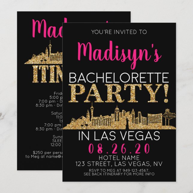 Gold Las Vegas Bachelorette Party Itinerary and Invitation (Front/Back)
