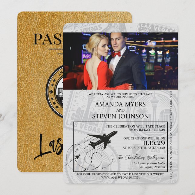 Gold Las Vegas Passport Wedding Invitation (Front/Back)