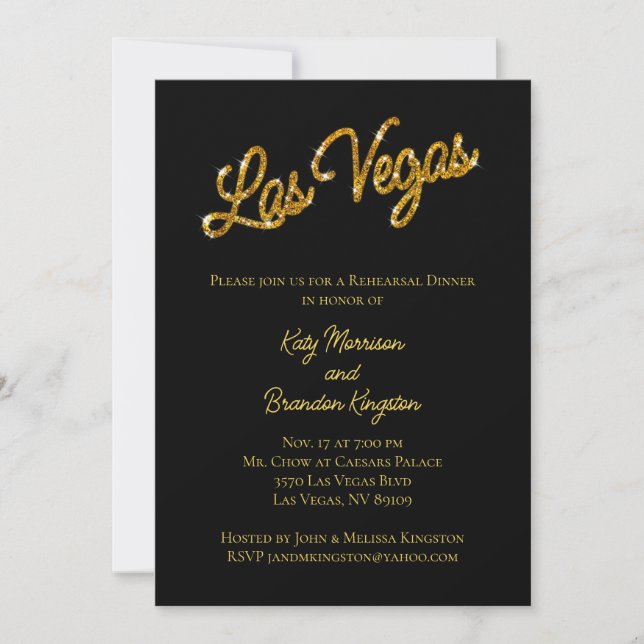 Gold Las Vegas Sparkles Rehearsal Dinner Invitation (Front)