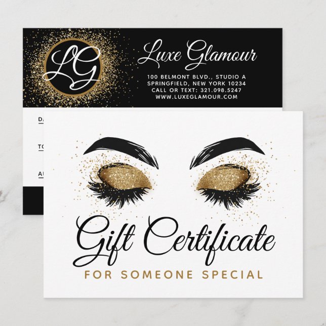 Gold Lash Brow Bar Beauty Gift Certificate Card (Front/Back)